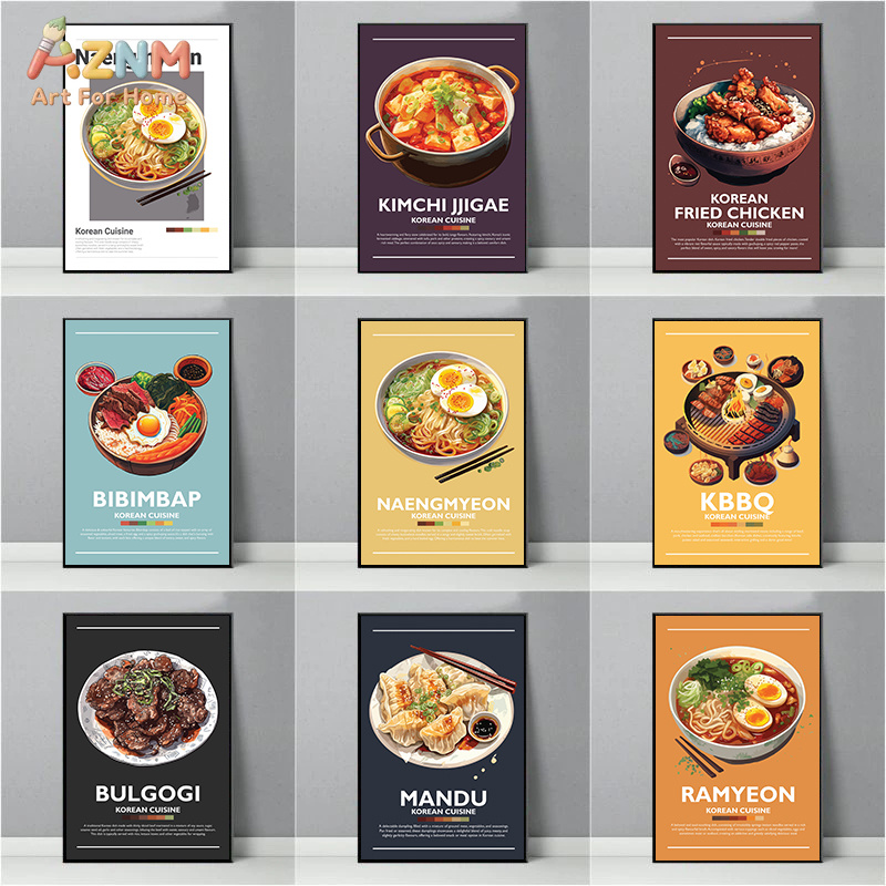 Photography Of Food - AZNM โปสเตอร์ผ้าใบไร้กรอบ อาหารเกาหลี พิมพ์ลายบิบิมบับ รามยอน คิมจิ