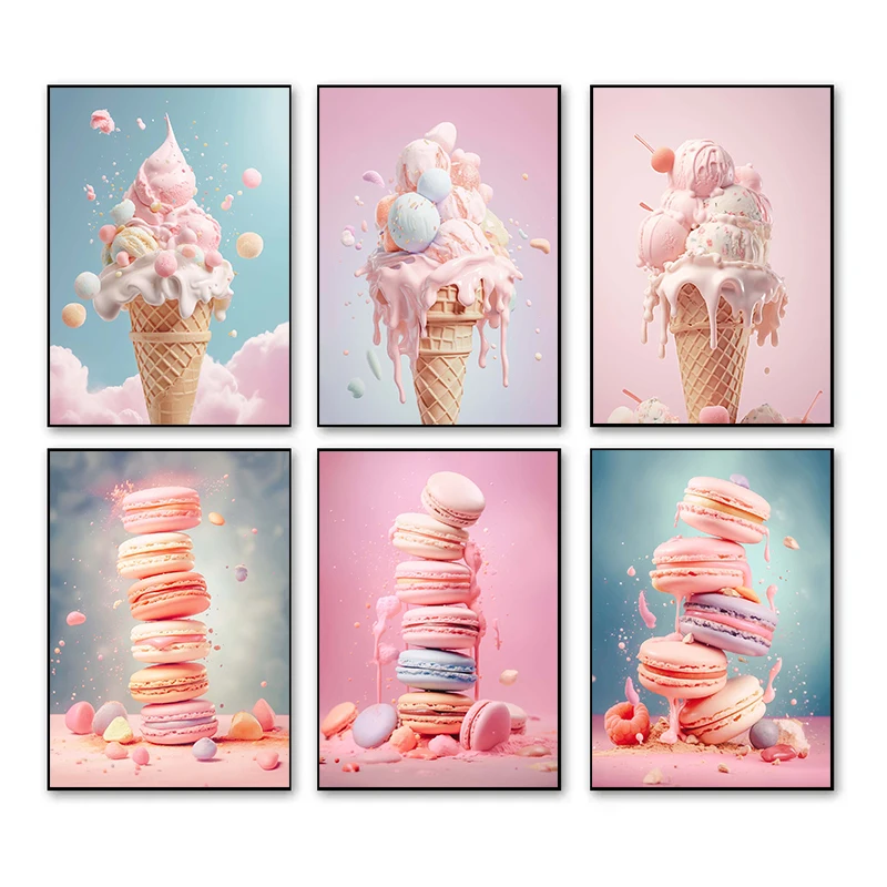Photography Of Food - โปสเตอร์และภาพพิมพ์มาการองไอศกรีมสีชมพูแบบไม่มีกรอบ พิมพ์บนผ้าแคนวาส ภาพศิลปะติดผนังสไตล์ปารีส สำหรับตกแต่งห้องเด็กผู้หญิง ร้านขนมหวาน
