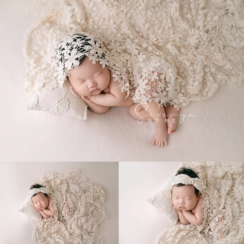 Photography Outfits - อุปกรณ์ประกอบฉากถ่ายภาพทารกแรกเกิดสำหรับเด็กผู้หญิง ฉากหลังสีขาว ที่คาดผมลายดอกไม้ ชุดผ้าห่มแบบโปร่ง ชุดหมอน สำหรับถ่ายภาพในสตูดิโอ