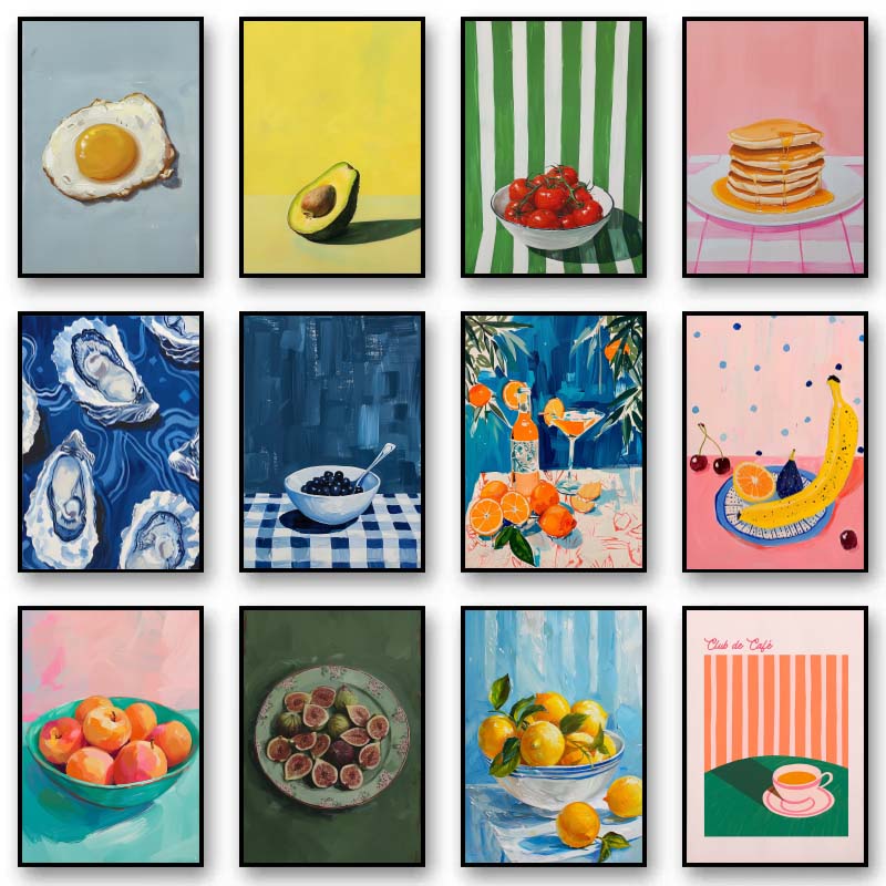 Photography Of Food - วินเทจรับประทานอาหารผลไม้ส้มอะโวคาโดมะเขือเทศกาแฟโปสเตอร์และภาพพิมพ์ภาพวาดผ้าใบศิลปะบนกำแพงสำหรับตกแต่งห้องครัวอาหาร
